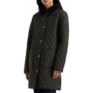 Ralph Lauren Diamond Quilted Black Midi Coat Corduroy Trim Size XL Quiet Luxury